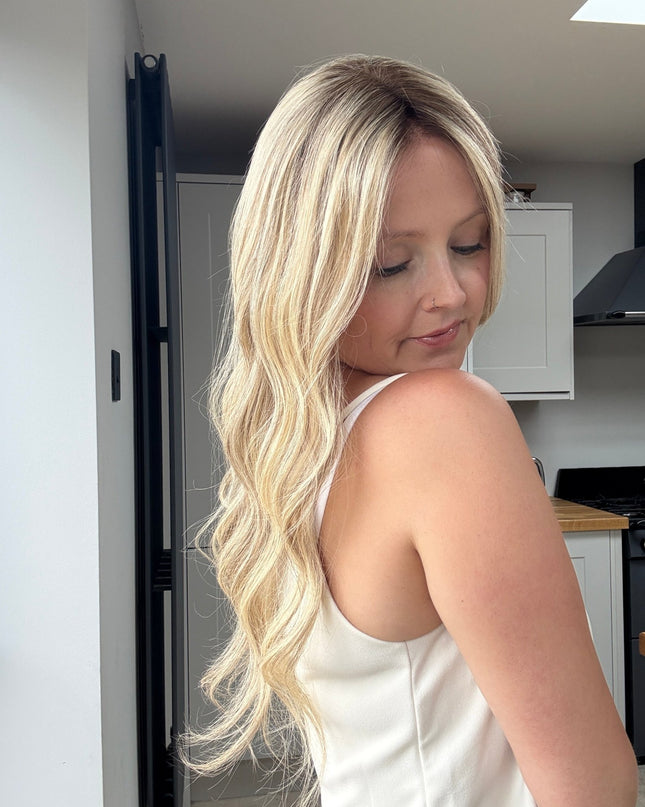 Chaya 22” | 100% Hand - tied Human Hair Wig - Mix of light blonde and subtle darker shades - Raregen Hair
