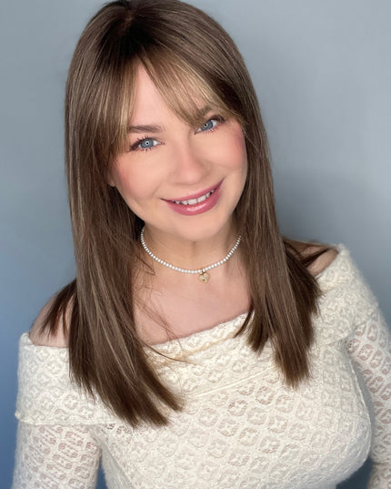 Raregen Faith-16"| Lace Top Remy Human Hair Wig- Medium Ash Brown with Golden Highlights