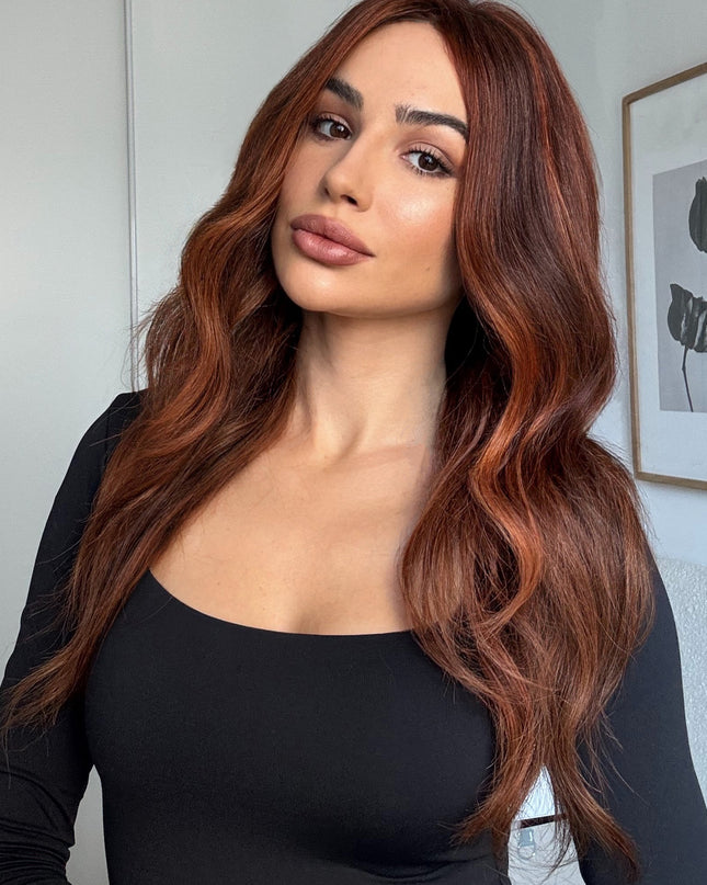 Gemma | Perruque en cheveux humains Remy avec dessus en dentelle - Mèches auburn coucher de soleil
