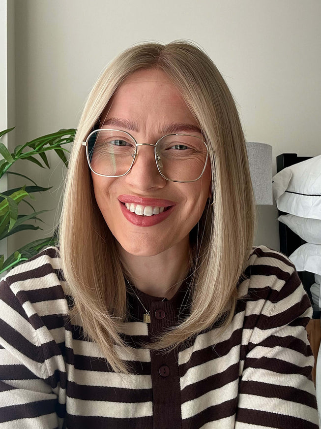 Dora 14” | 100% Hand-tied Human Hair Wig -Ultra-light Blonde with Subtle Ash Root