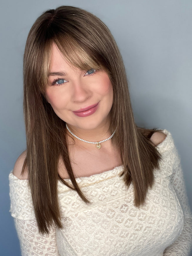 Raregen Faith-16"| Lace Top Remy Human Hair Wig- Medium Ash Brown with Golden Highlights