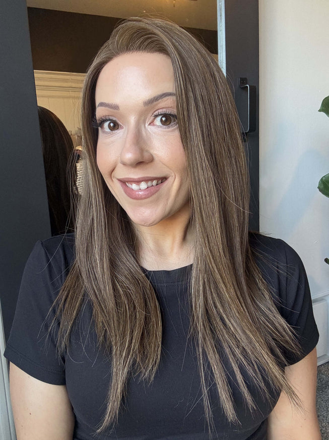 Raregen Amelia 18” | 100% Hand-tied Human Hair Wig-Light Brunette with Subtle Golden Highlights