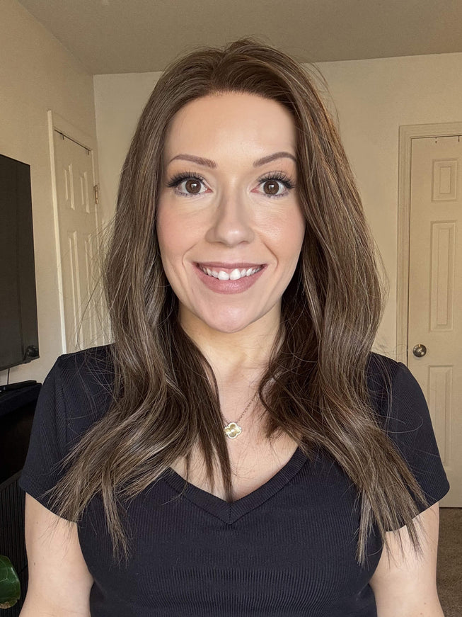 Raregen Amelia 18” | 100% Hand-tied Human Hair Wig-Light Brunette with Subtle Golden Highlights