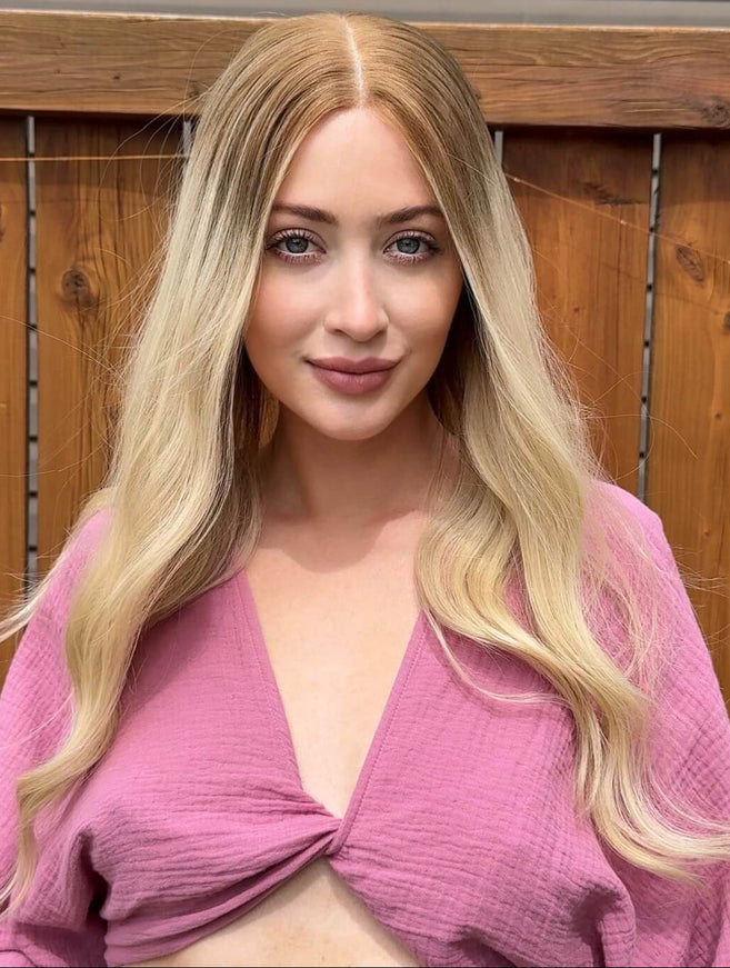 Eve 22” | Lace Top Remy Human Hair Wig- Rooted Warm Blonde Ombré | Bleached Knots