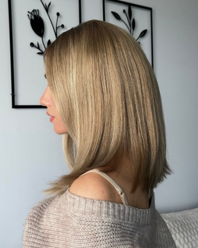 Perruque en cheveux humains Remy avec dentelle sur le dessus - Blond chaud aux reflets blond doré
