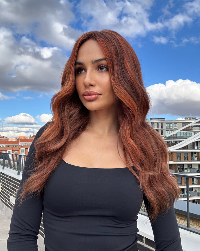 Gemma | Perruque en cheveux humains Remy avec dessus en dentelle - Mèches auburn coucher de soleil
