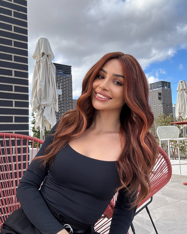 Gemma | Perruque en cheveux humains Remy avec dessus en dentelle - Mèches auburn coucher de soleil