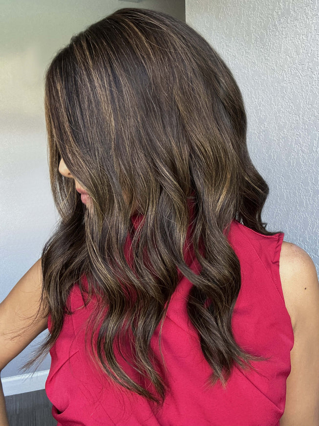 Raregen Clarice 18” | Silk-Inserted Lace Top Wig- Dark Brown with Highlights & Money piece