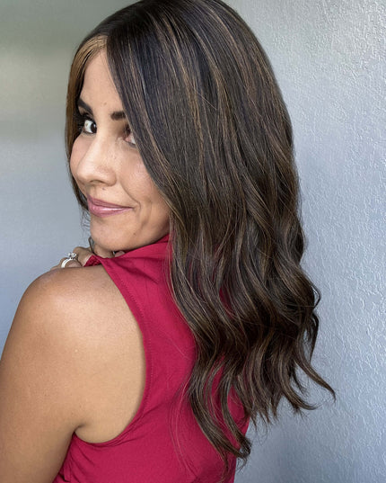 Raregen Clarice 18” | Silk-Inserted Lace Top Wig- Dark Brown with Highlights & Money piece