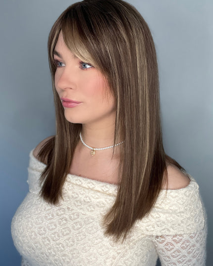 Raregen Faith-16"| Lace Top Remy Human Hair Wig- Medium Ash Brown with Golden Highlights