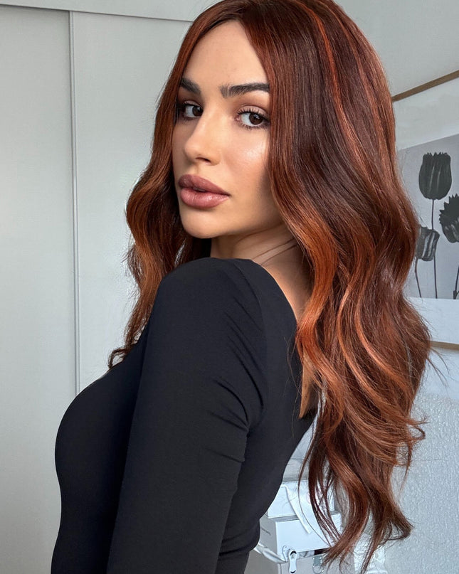 Gemma | Perruque en cheveux humains Remy avec dessus en dentelle - Mèches auburn coucher de soleil