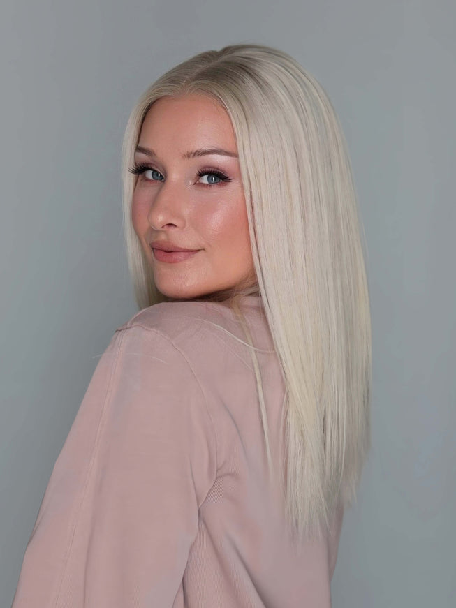 Raregen Ayla 18" |  Lace Top Remy Human Hair Wig- Pearl Platinum Blonde with Shadow Root
