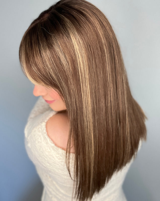Faith| Lace Top Remy Human Hair Wig- Dark Brown with Golden Highlights